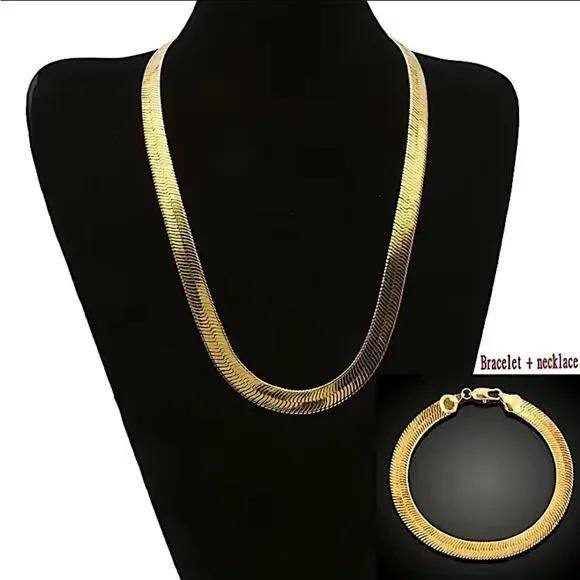 Gold Herringbone Flat Necklace Bracelet Set, Unisex, Two Piece 4mm - Picture 2 of 10
